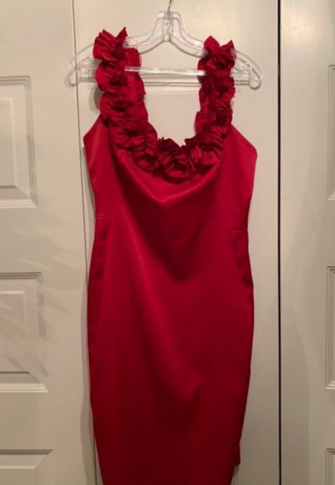Red, knee length dress, never worn.